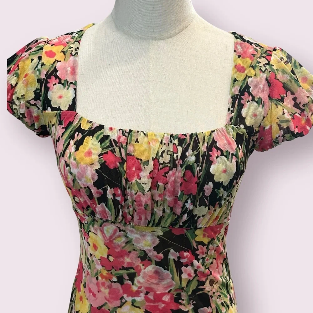 Y2K Floral Babydoll Milkmaid Mesh Top Sz XXS Floral Puff Sleeves Square Neckline